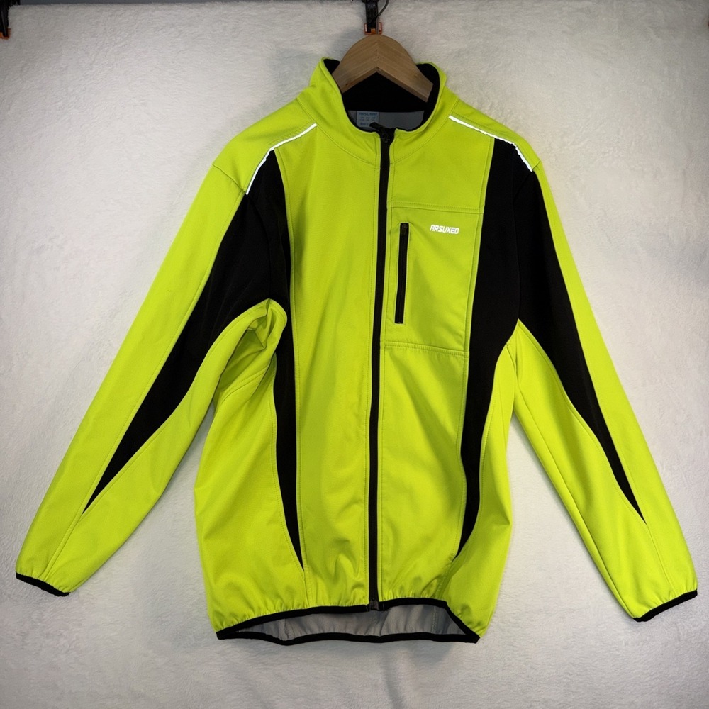 ARSUXEO Full Zip Softshell CYCLING JACKET Neon Green‎ Reflective men's size XL